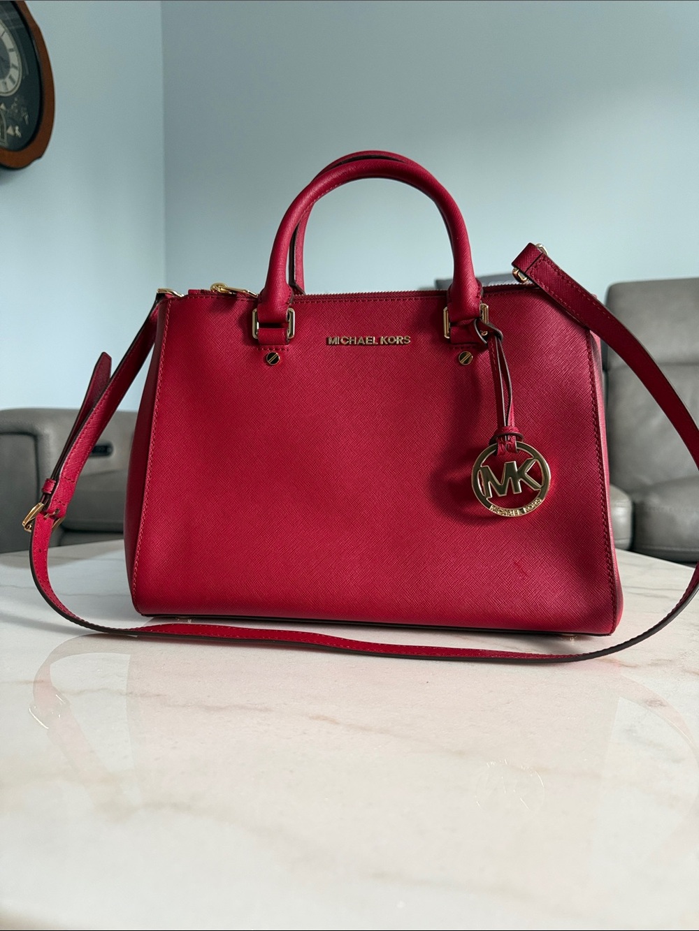 Michael Kors Cherry Red Saffiano Satchel with Gold Hardware